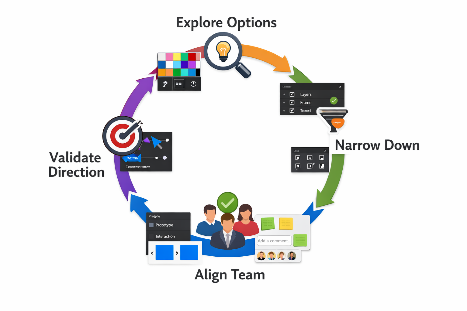 Figma design workflow cycle: explore options, narrow down, align team, validate direction with generative AI tools for des...