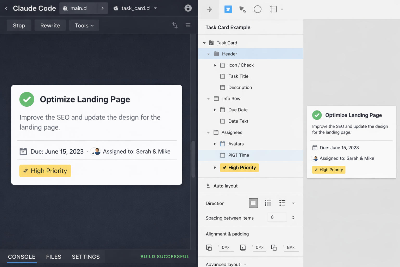 Figma task card component showing "Optimize Landing Page" with due date, assignees, and priority badge in design system UI.