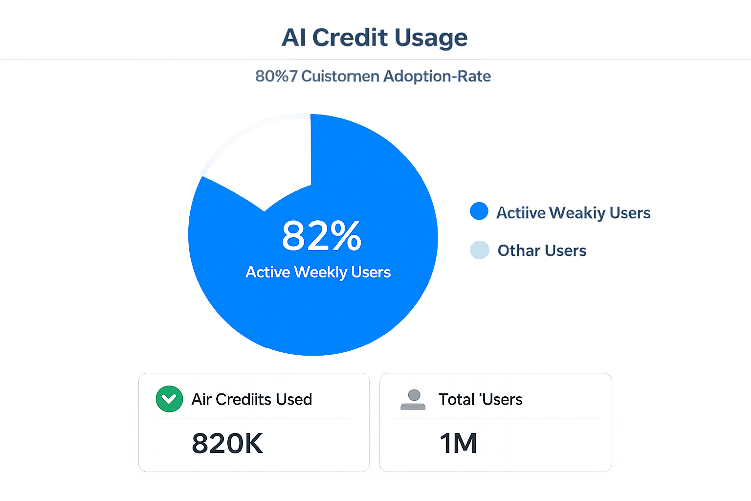 AI credit usage pie chart showing 82% active weekly users, 820K air credits used, 80.7% customer adoption rate, 1M total u...