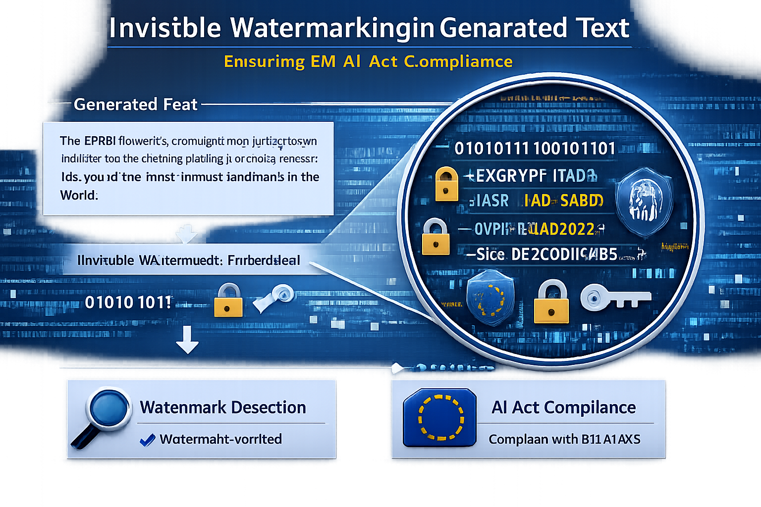 Invisible watermarking in AI-generated text for EM AI Act compliance with detection and security features.