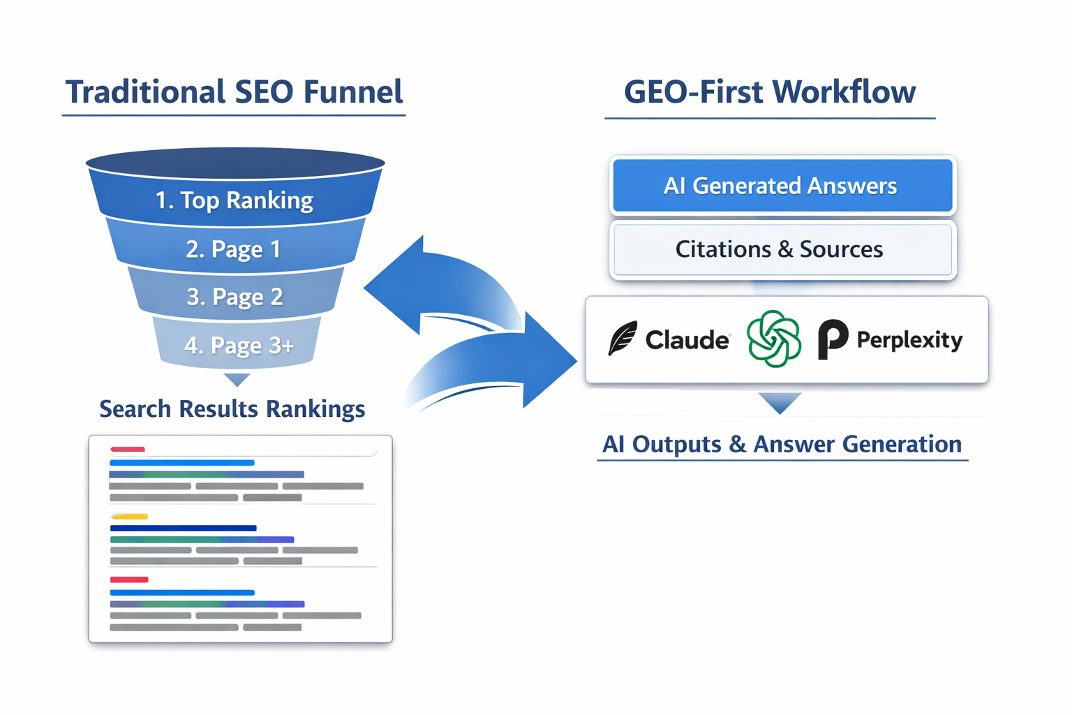 Traditional SEO funnel vs GEO-First workflow: Claude AI generates answers with citations using Perplexity integration for ...