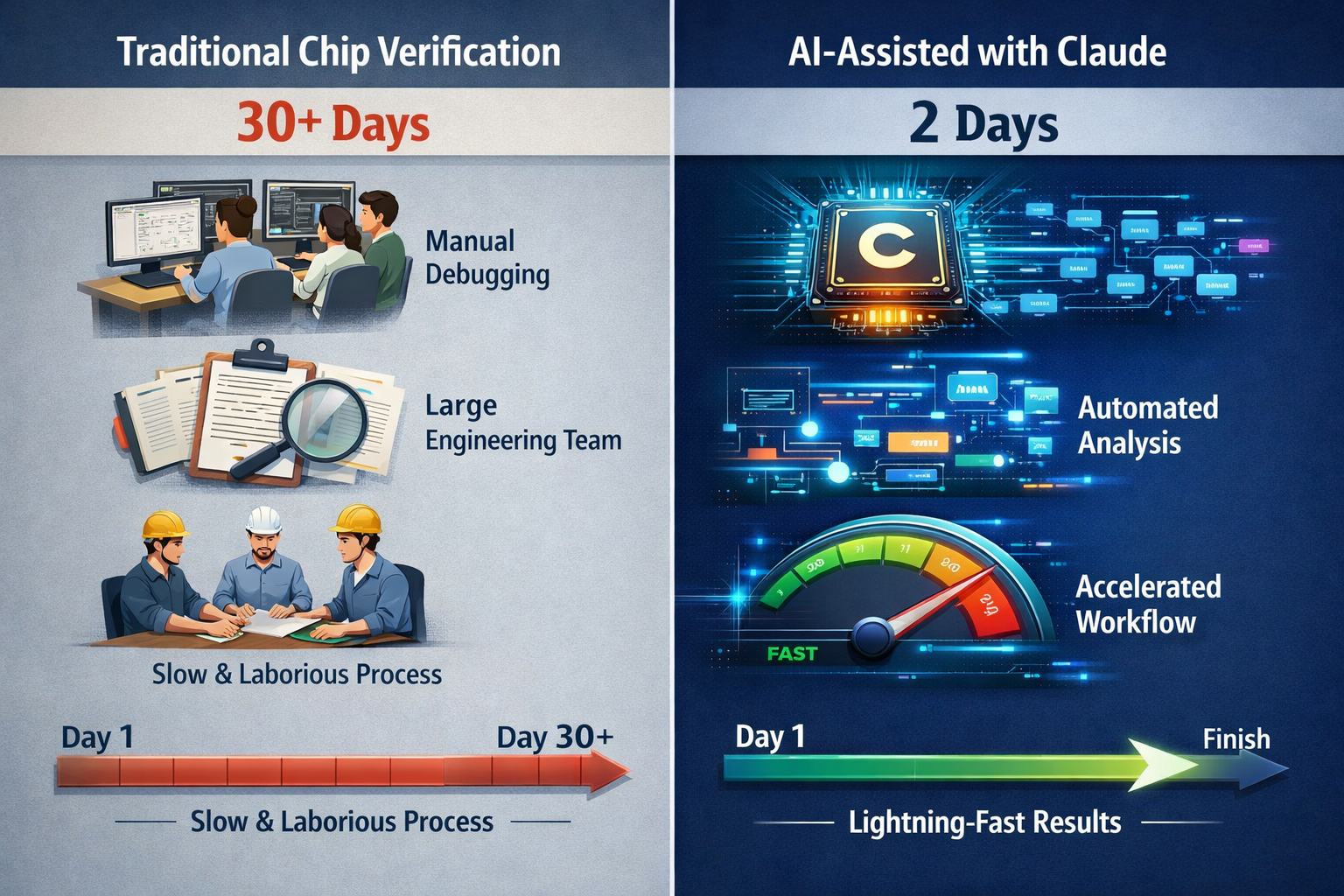 Traditional vs AI chip verification: 30+ days manual debugging vs 2 days Claude automated analysis for faster semiconducto...