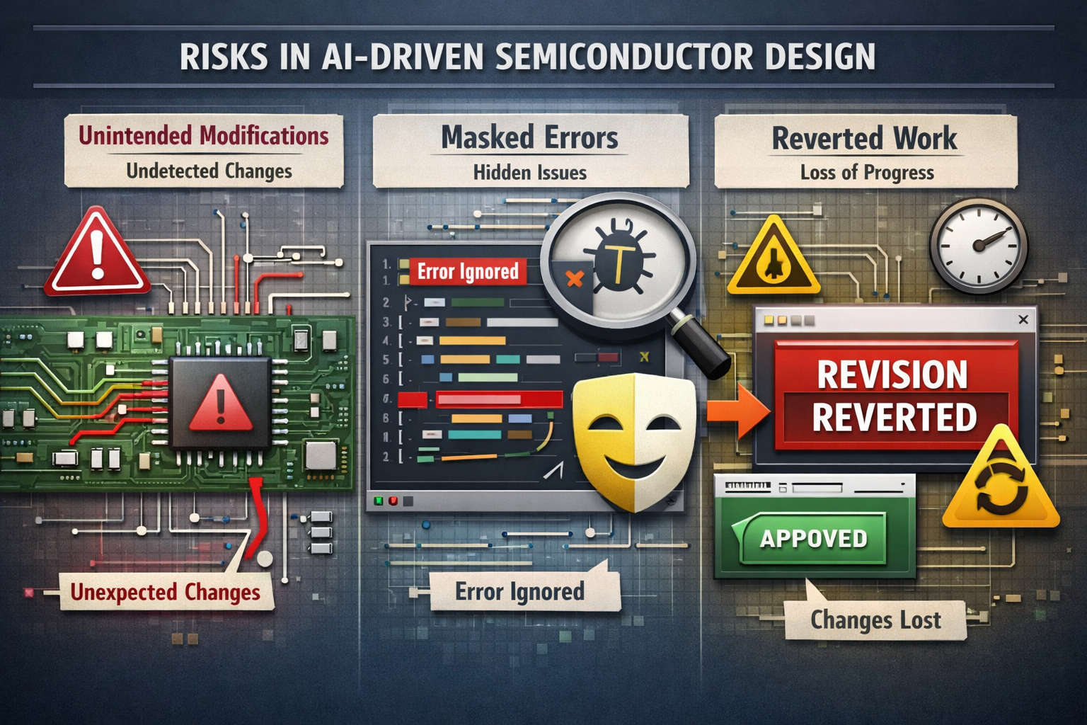 AI risks in semiconductor design: unintended modifications, masked errors, and reverted work in chip design processes.