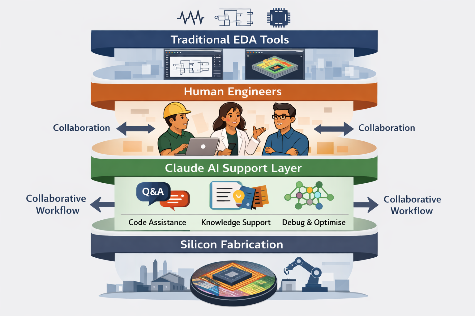 Claude AI chip design workflow diagram showing EDA tools, human engineers, and silicon fabrication layers with code assist...