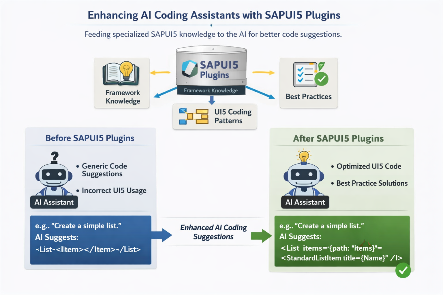 SAPUI5 Plugins enhance AI coding assistants with framework knowledge for optimized UI5 code and best practices.