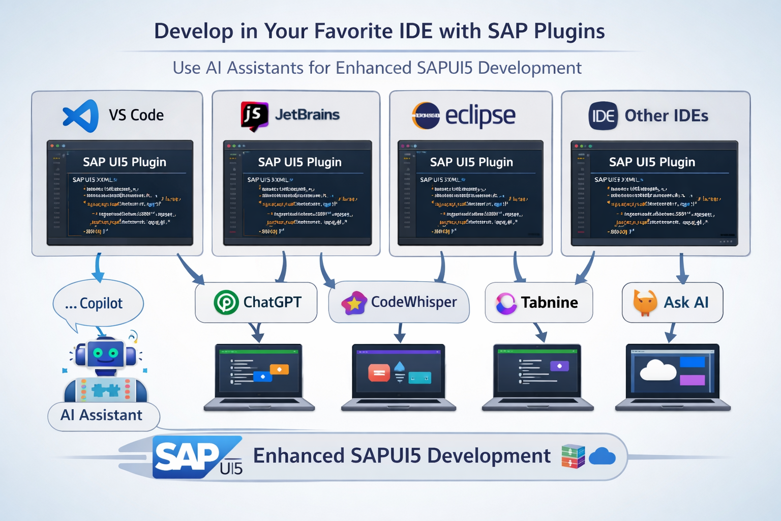 SAP UI5 plugins for VS Code, JetBrains, Eclipse with AI assistants like Copilot, ChatGPT, CodeWhisper, Tabnine, Ask AI for...