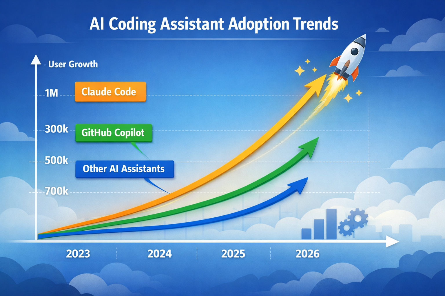 AI coding assistant adoption trends 2023-2026 showing Claude Code, GitHub Copilot, and other AI assistants user growth com...