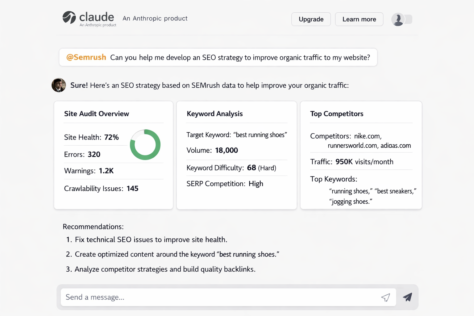 Claude AI SEO strategy with Semrush data: site audit, keyword analysis, and competitor research for organic traffic improv...