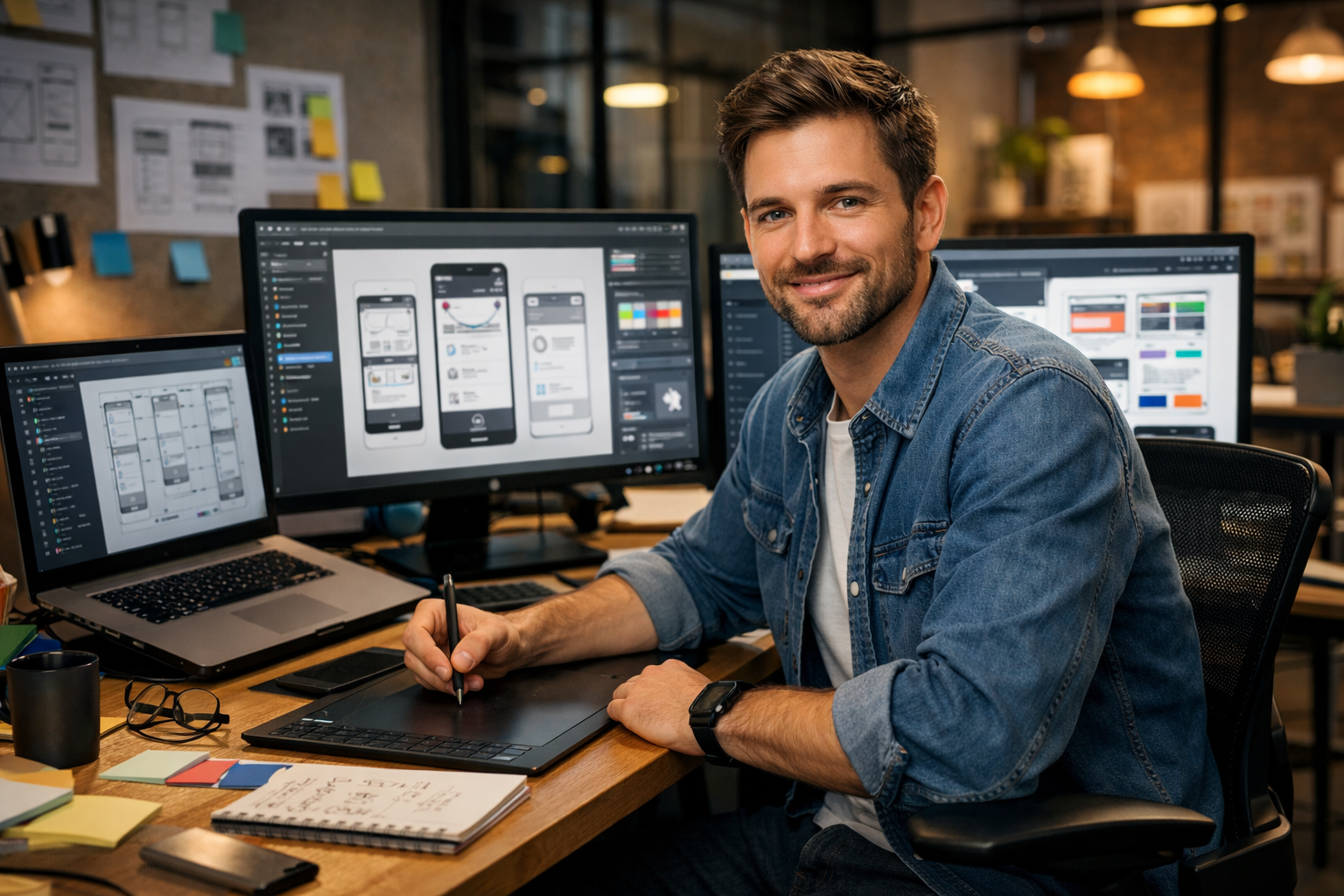 UX designer working on Figma plugins at computer workstation with multiple displays showing mobile app designs and UI comp...