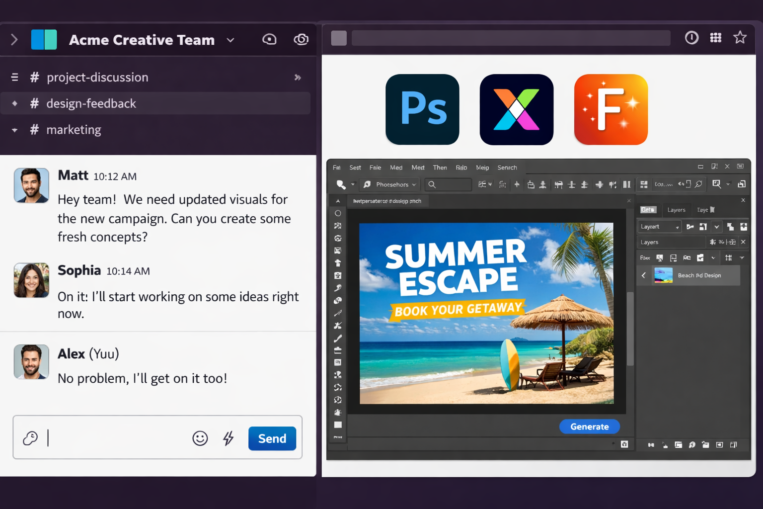 Acme Creative Team uses Adobe tools in Slack to design summer campaign visuals with Photoshop, Illustrator, and Firefly in...