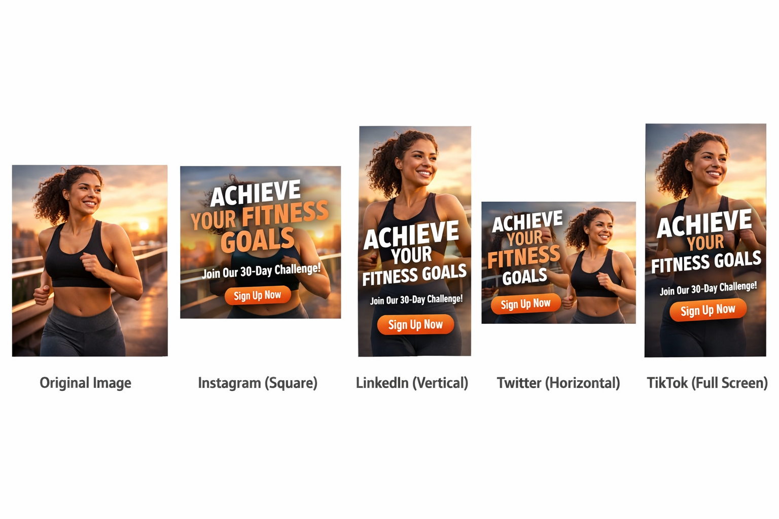 Fitness ad templates optimized for Instagram, LinkedIn, Twitter, and TikTok formats with 30-day challenge promotion.
