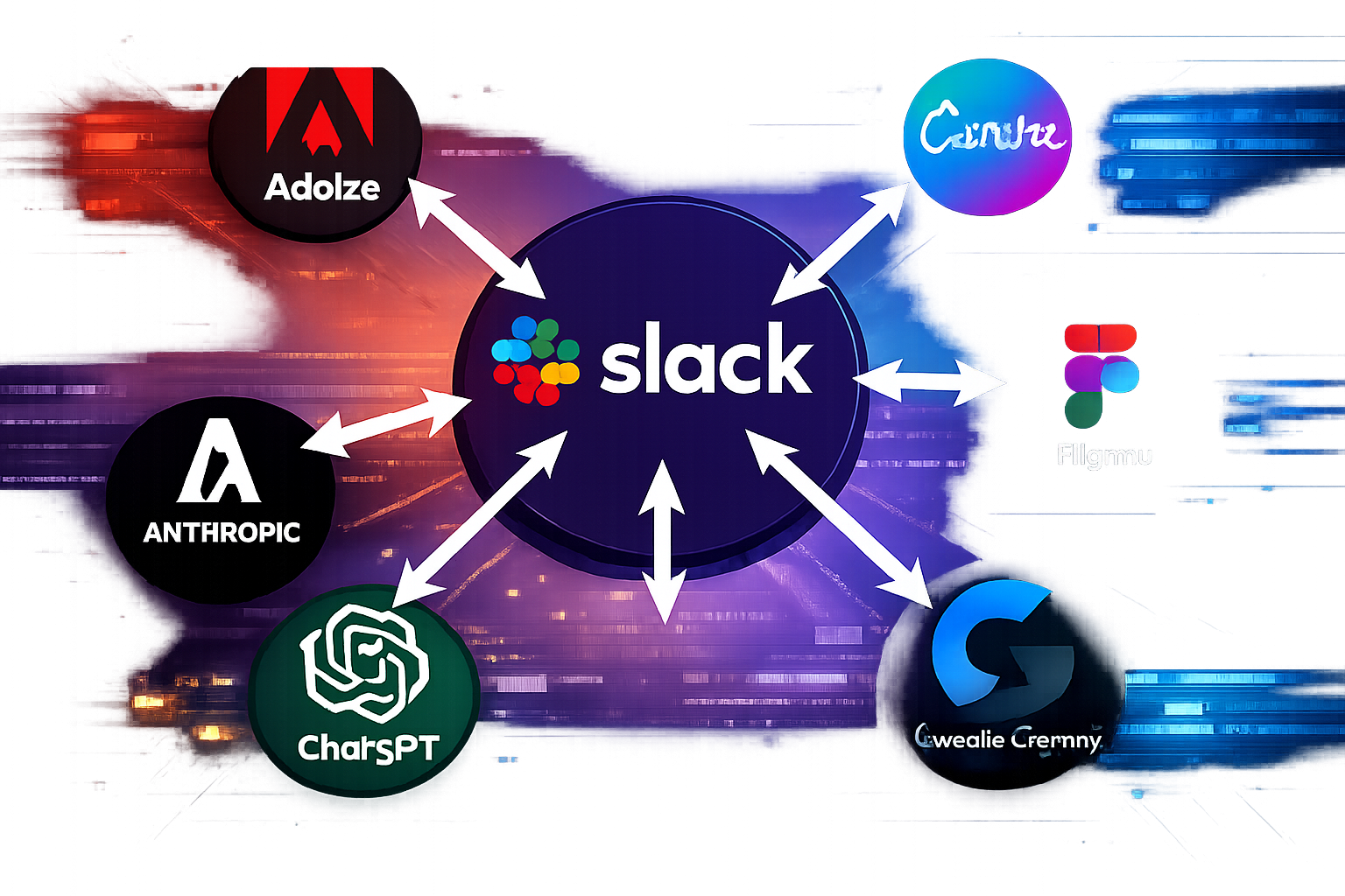 Slack integration ecosystem showing Adolze, Anthropic, ChatGPT, Canva, Figma, and Wealie Cremny connecting to central Slac...