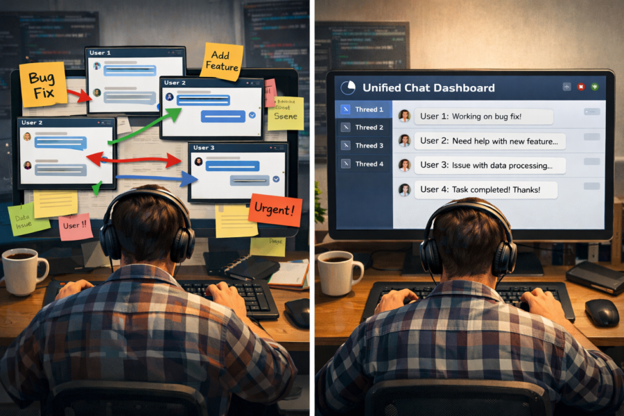 Developer using unified chat dashboard for multi-agent collaboration, transitioning from scattered communication to organi...