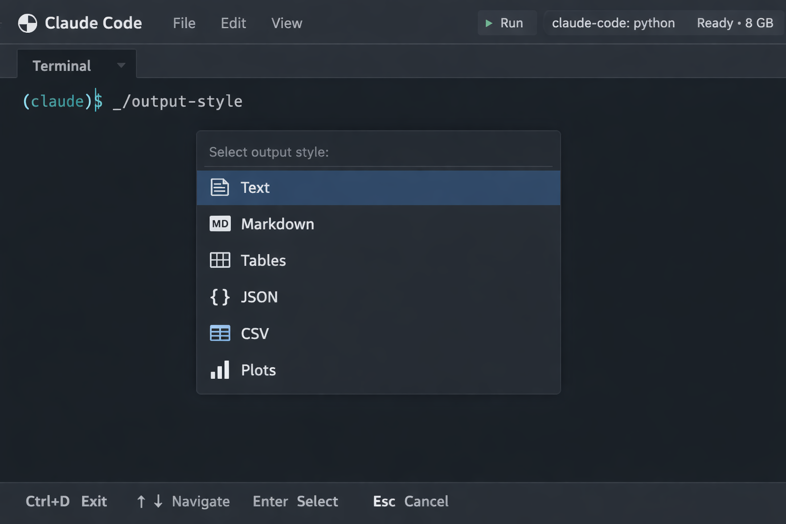 Claude Code output style selector showing Text, Markdown, Tables, JSON, CSV, and Plots format options for plugin A/B testi...