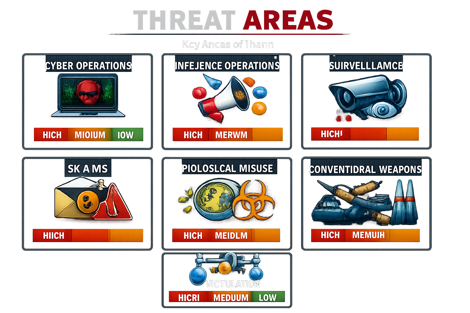 Thann threat areas chart showing cyber operations, inference, surveillance, SKAMS, biological misuse, conventional weapons...
