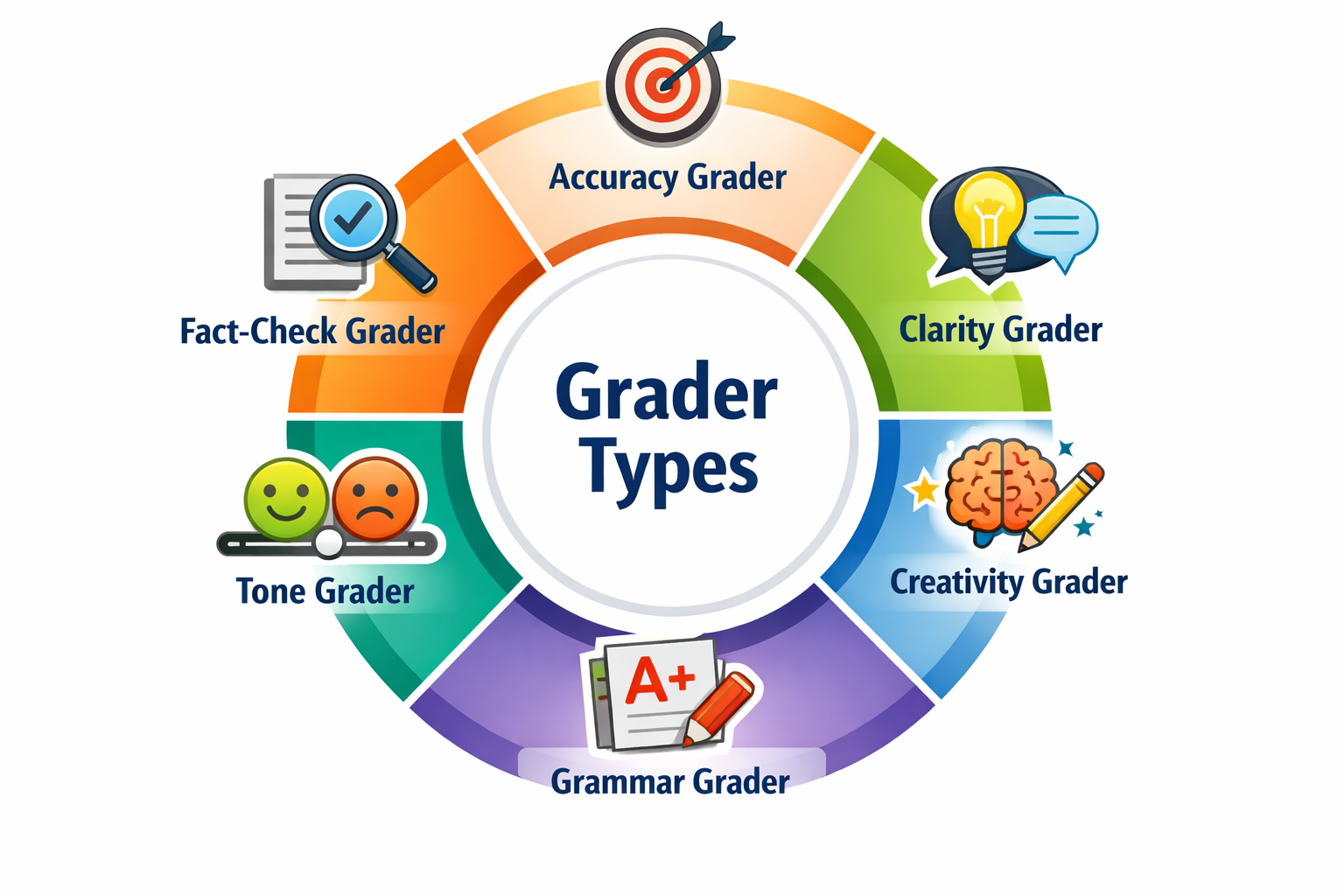 Grader Types wheel showing Accuracy, Clarity, Creativity, Grammar, Tone, and Fact-Check Graders for content evaluation.
