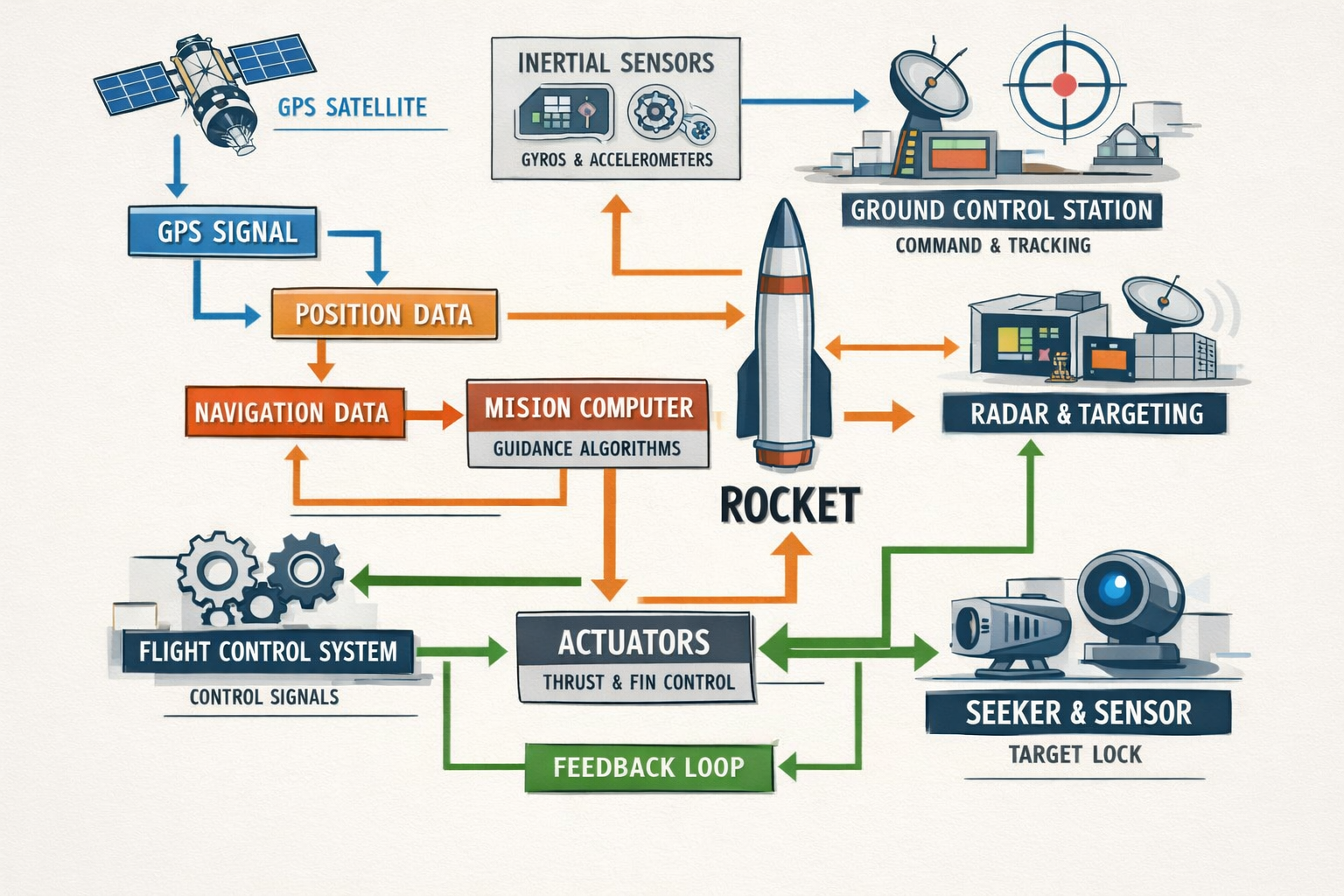 Missile guidance system diagram showing GPS satellite, inertial sensors, ground control station, radar targeting, and flig...