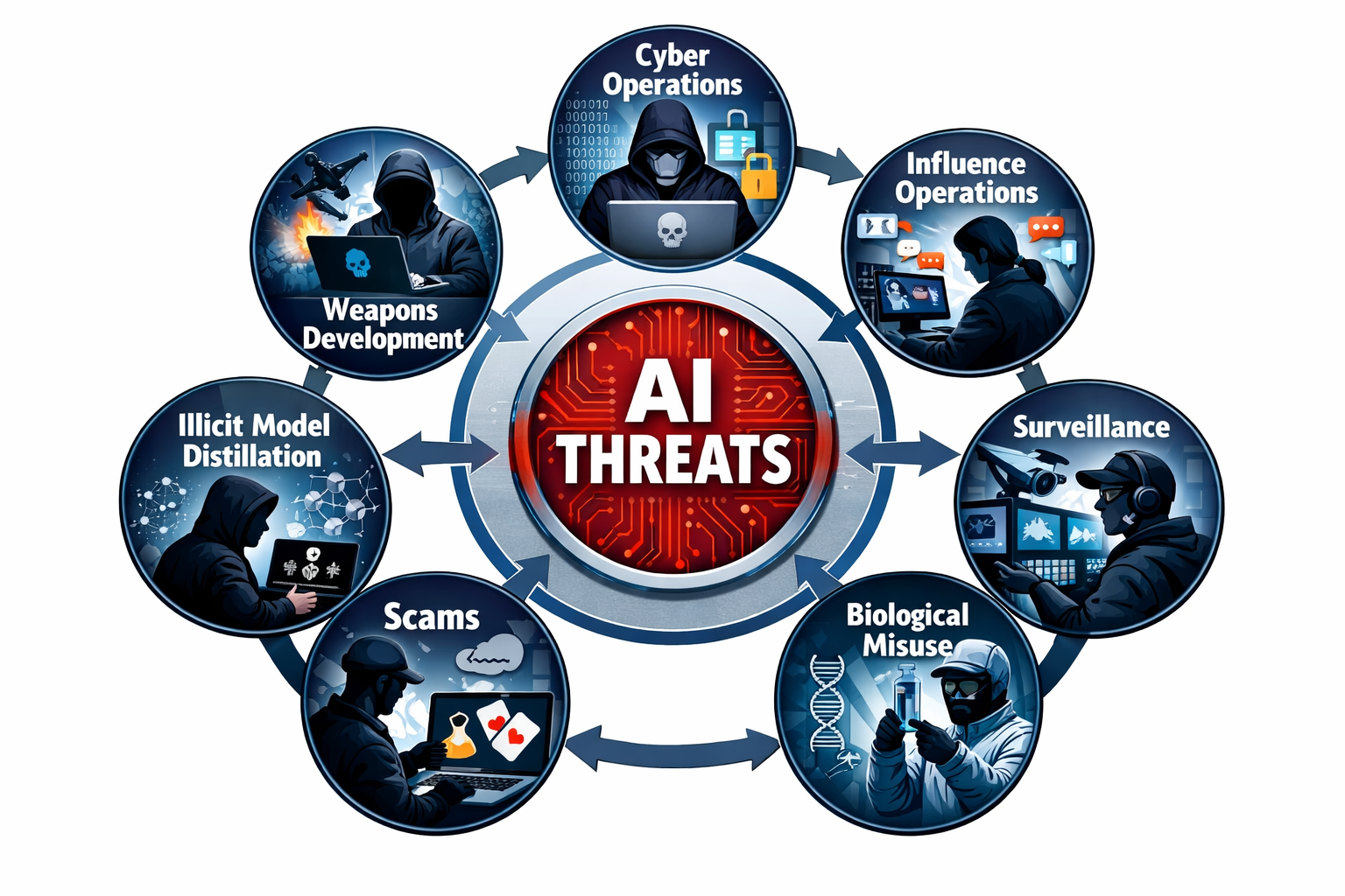 AI threats diagram showing 8 malicious uses: cyber operations, influence, surveillance, biological misuse, scams, illicit ...