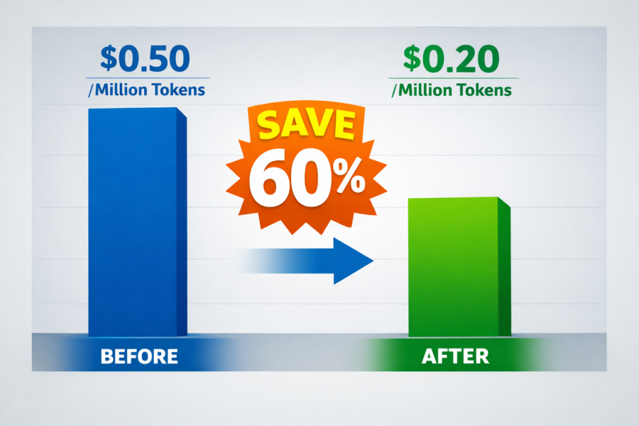 Price comparison chart showing 60% savings: $0.50 per million tokens reduced to $0.20 per million tokens for Claude Opus 5.5.