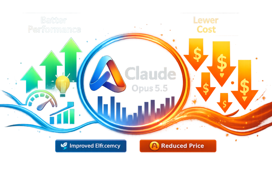 Claude Opus 5.5 infographic showing improved efficiency and 40% reduced price with performance metrics and cost savings vi...