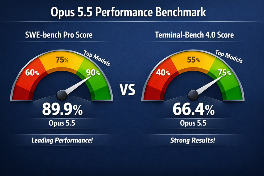Claude Opus 5.5 performance benchmark comparison showing 89.9% SWE-bench Pro score and 66.4% Terminal-Bench 4.0 score resu...