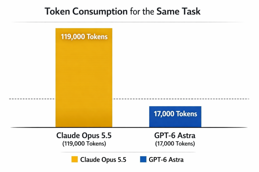 Token consumption comparison: Claude Opus 5.5 uses 119,000 tokens vs GPT-6 Astra's 17,000 tokens for the same task.