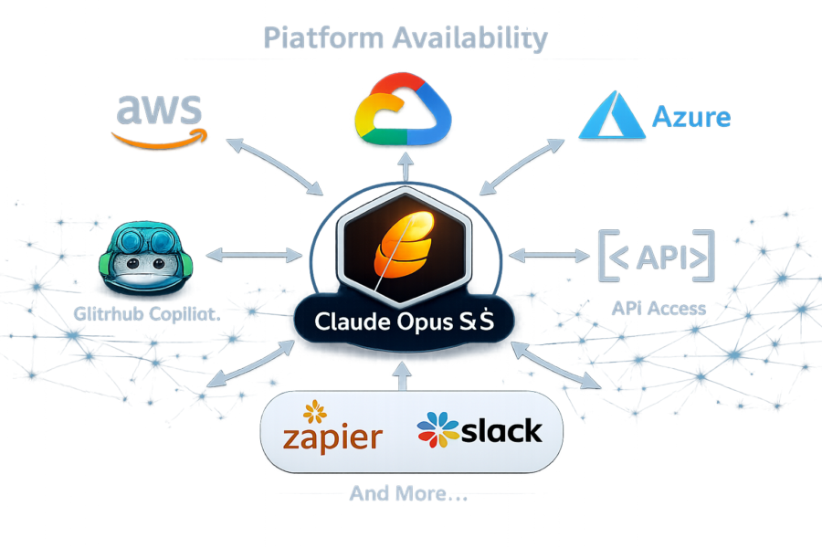 Claude Opus 5.5 platform availability across AWS, Google Cloud, Azure, API access, GitHub Copilot, Zapier, and Slack integ...