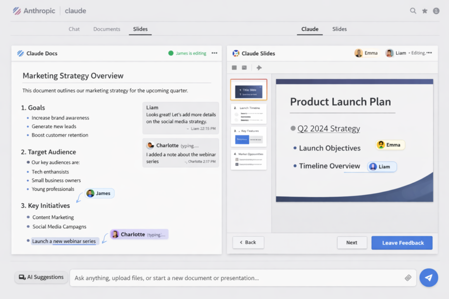 Claude Docs and Slides interface showing Marketing Strategy document and Product Launch Plan presentation with team collab...
