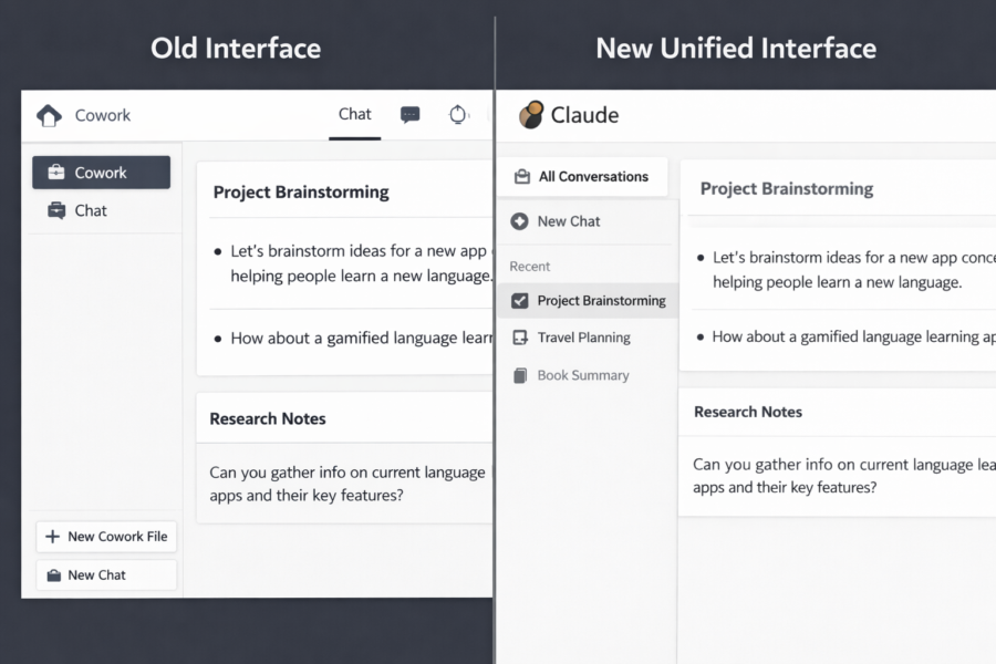 Comparison of Old Cowork Interface vs New Unified Claude Interface showing merged chat and conversation features.
