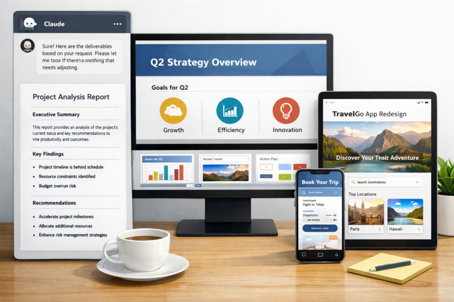 Claude AI assistant displaying project analysis, Q2 strategy overview, and TravelGo app redesign across multiple devices o...