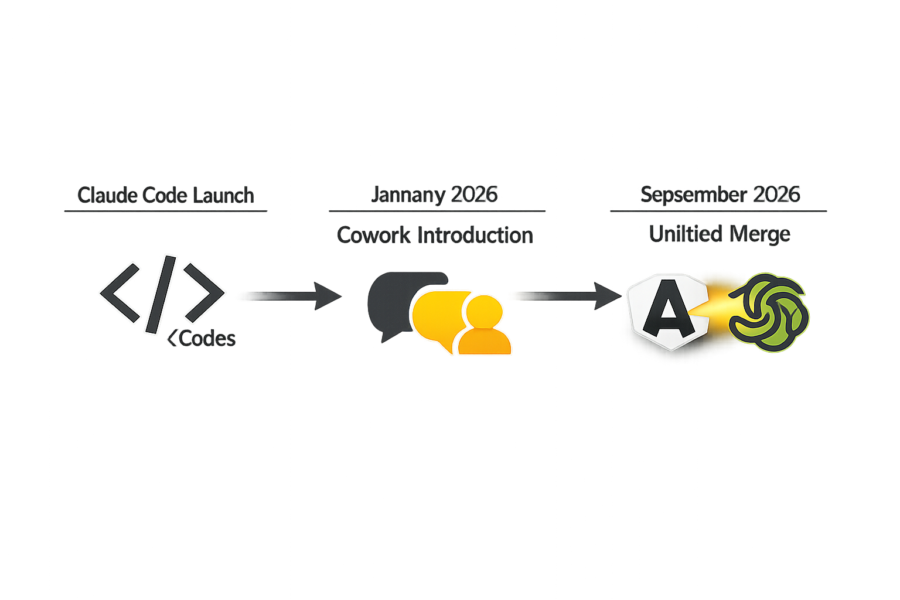 Claude Code Launch timeline: January 2026 Cowork Introduction, September 2026 Unilted Merge with Anthropic AI integration.