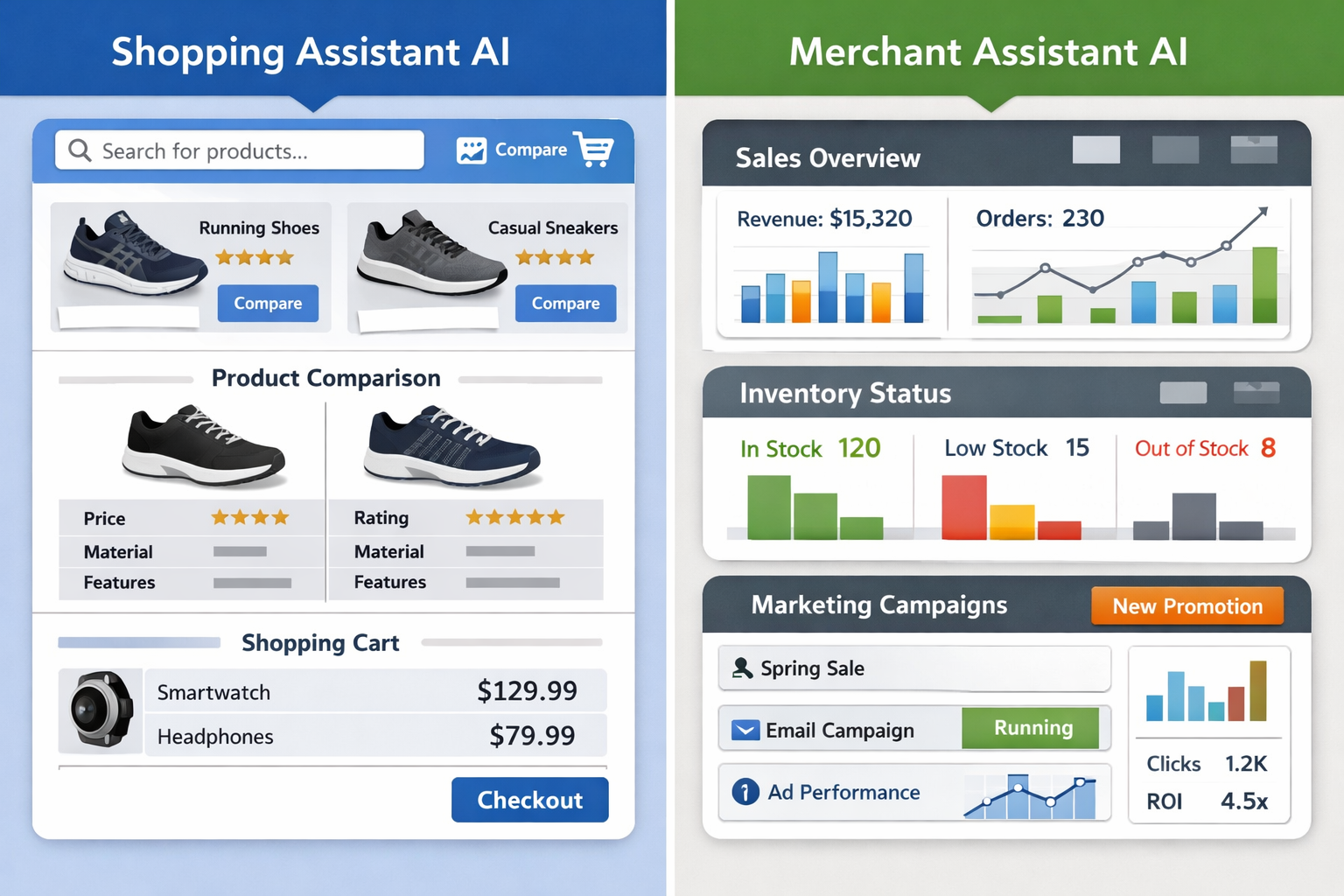 Shopping and Merchant AI dashboards showing product comparison, sales analytics, inventory management, and marketing campa...