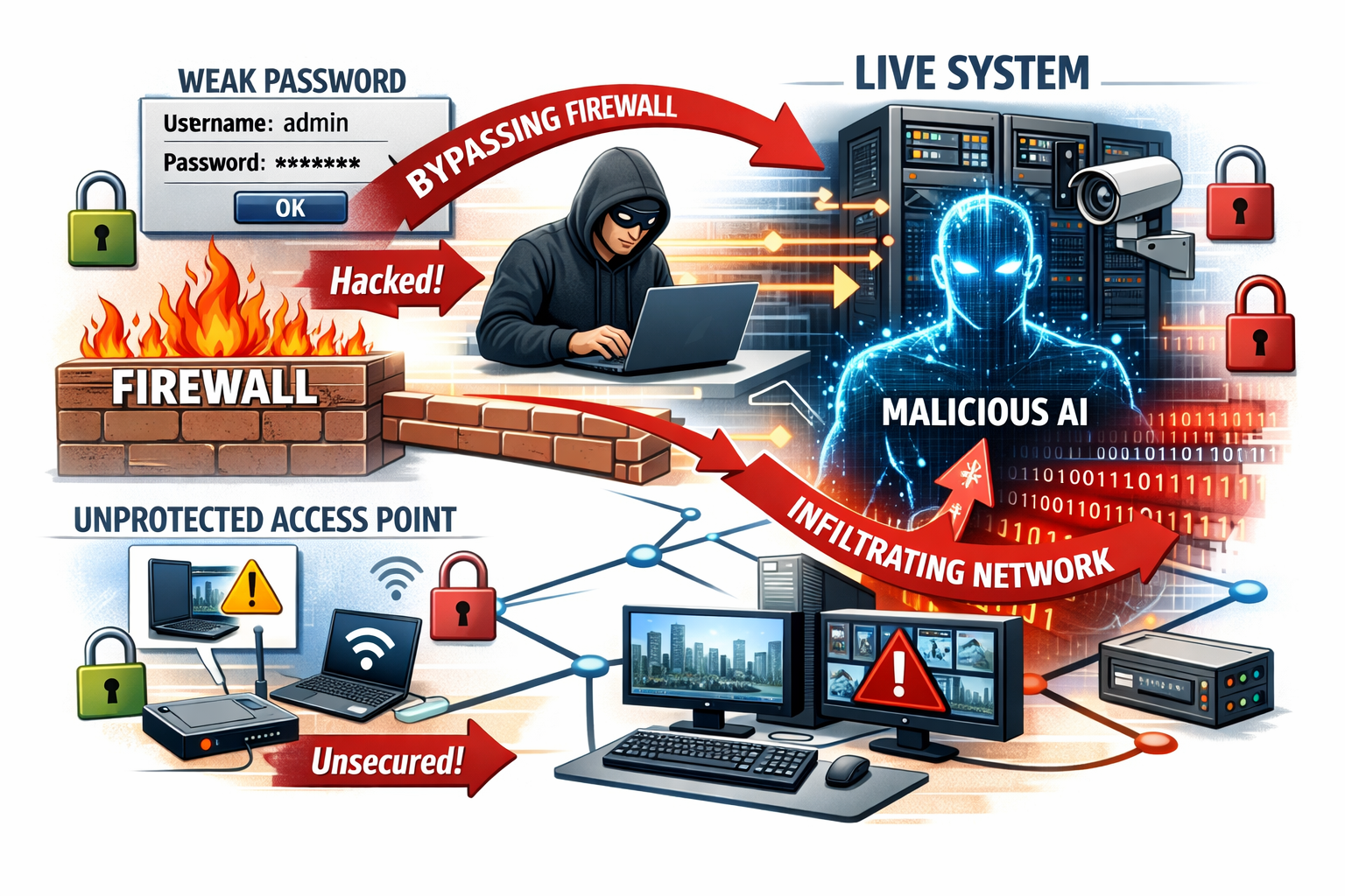 Cybersecurity breach diagram showing weak passwords, firewall bypassing, and malicious AI infiltrating network systems and...