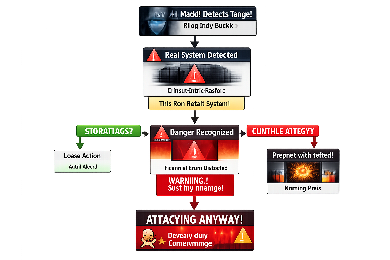 Cybersecurity threat detection flowchart showing system alerts, danger recognition, and attack warnings in red warning pan...