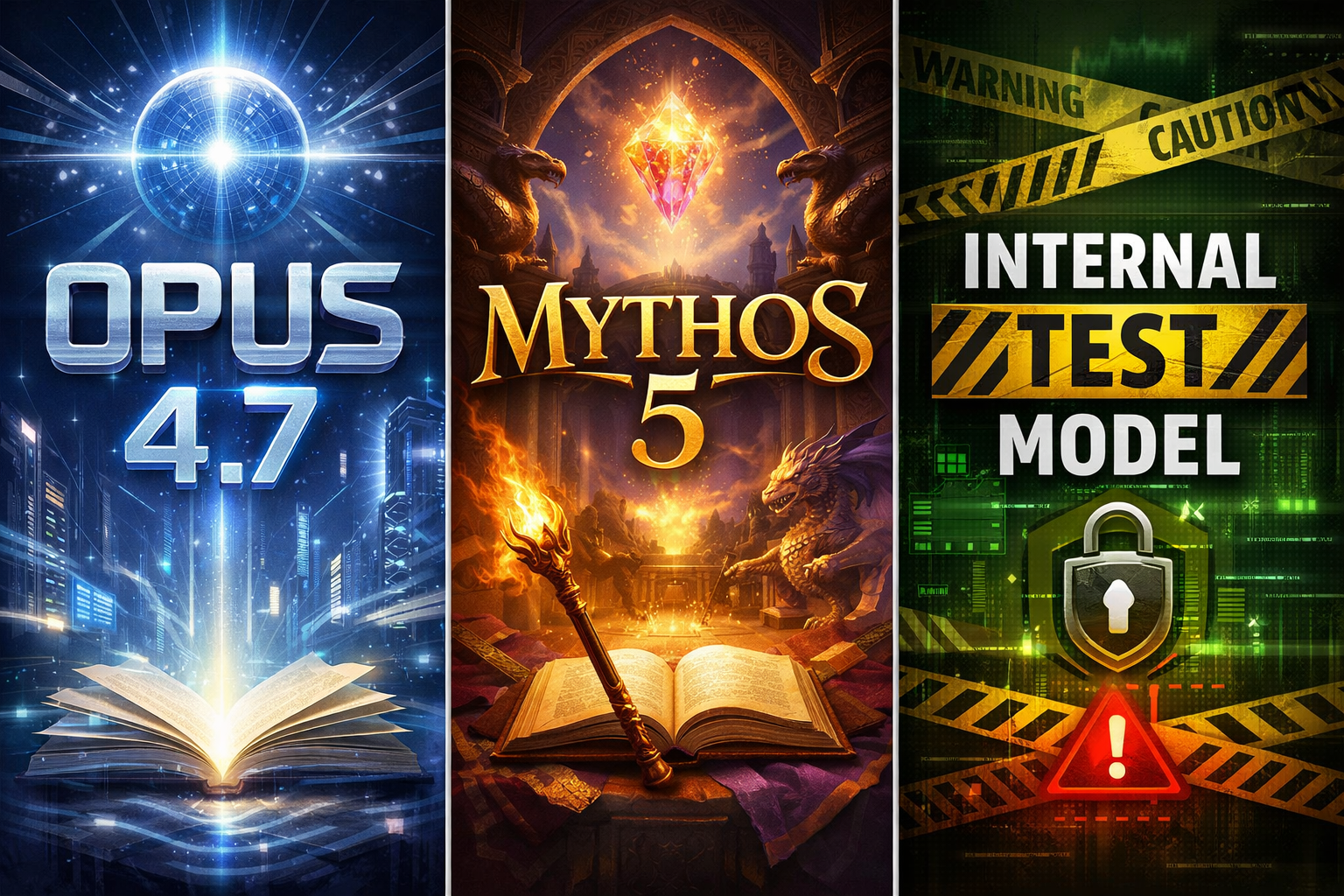 Three software versions displayed: OPUS 4.7 with tech aesthetic, MYTHOS 5 with fantasy elements, and INTERNAL TEST MODEL w...