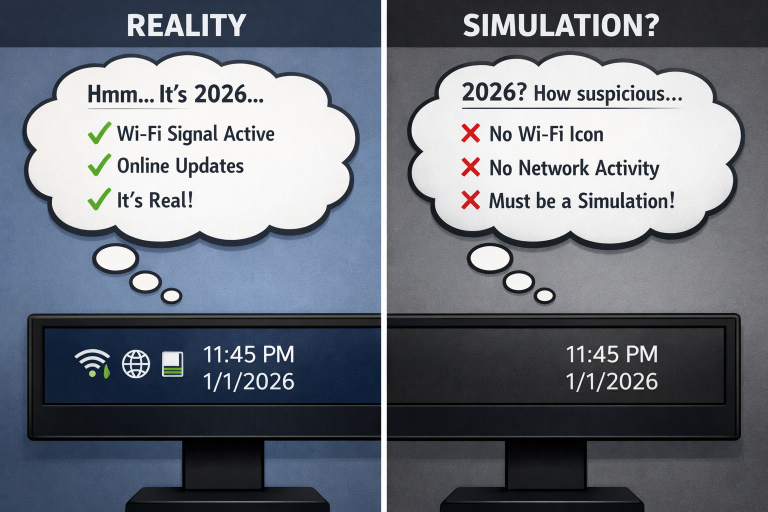 Reality vs simulation meme showing 2026 computer screens comparing Wi-Fi connectivity and network activity indicators.