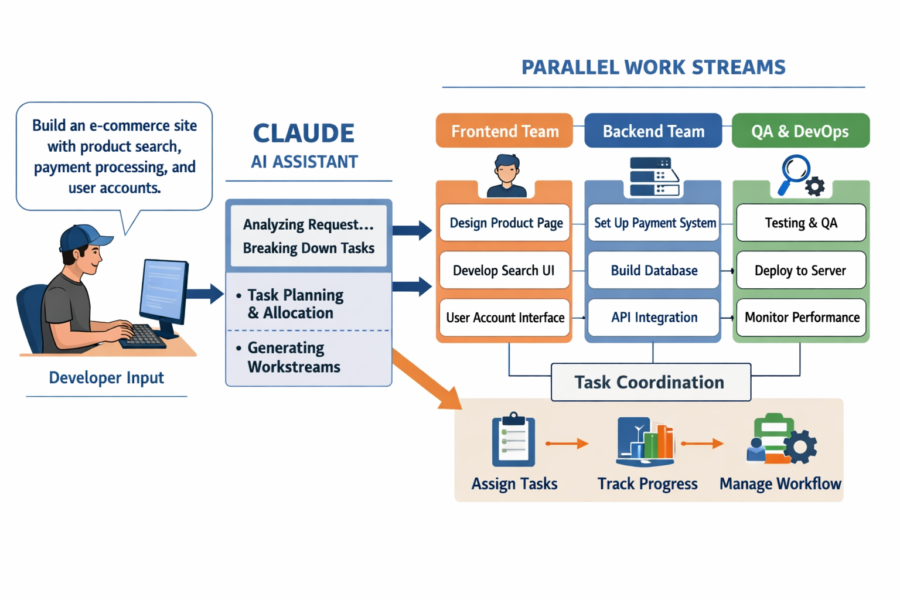 Claude AI assistant breaks down e-commerce project into parallel work streams for Frontend, Backend, and QA & DevOps teams.