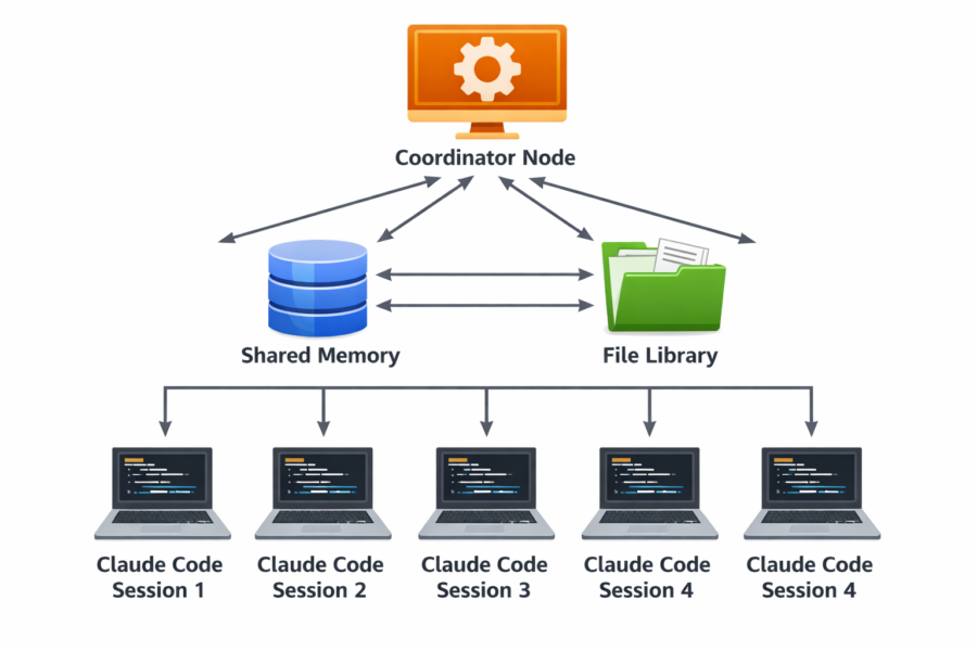 Coordinator Node architecture with multiple Claude Code Sessions accessing Shared Memory and File Library for parallel age...