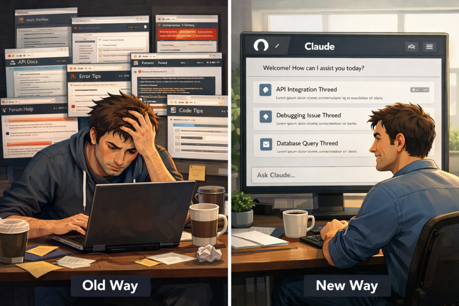 Developer using Claude AI chatbot for coding assistance, showing parallel agents replacing traditional documentation tabs.