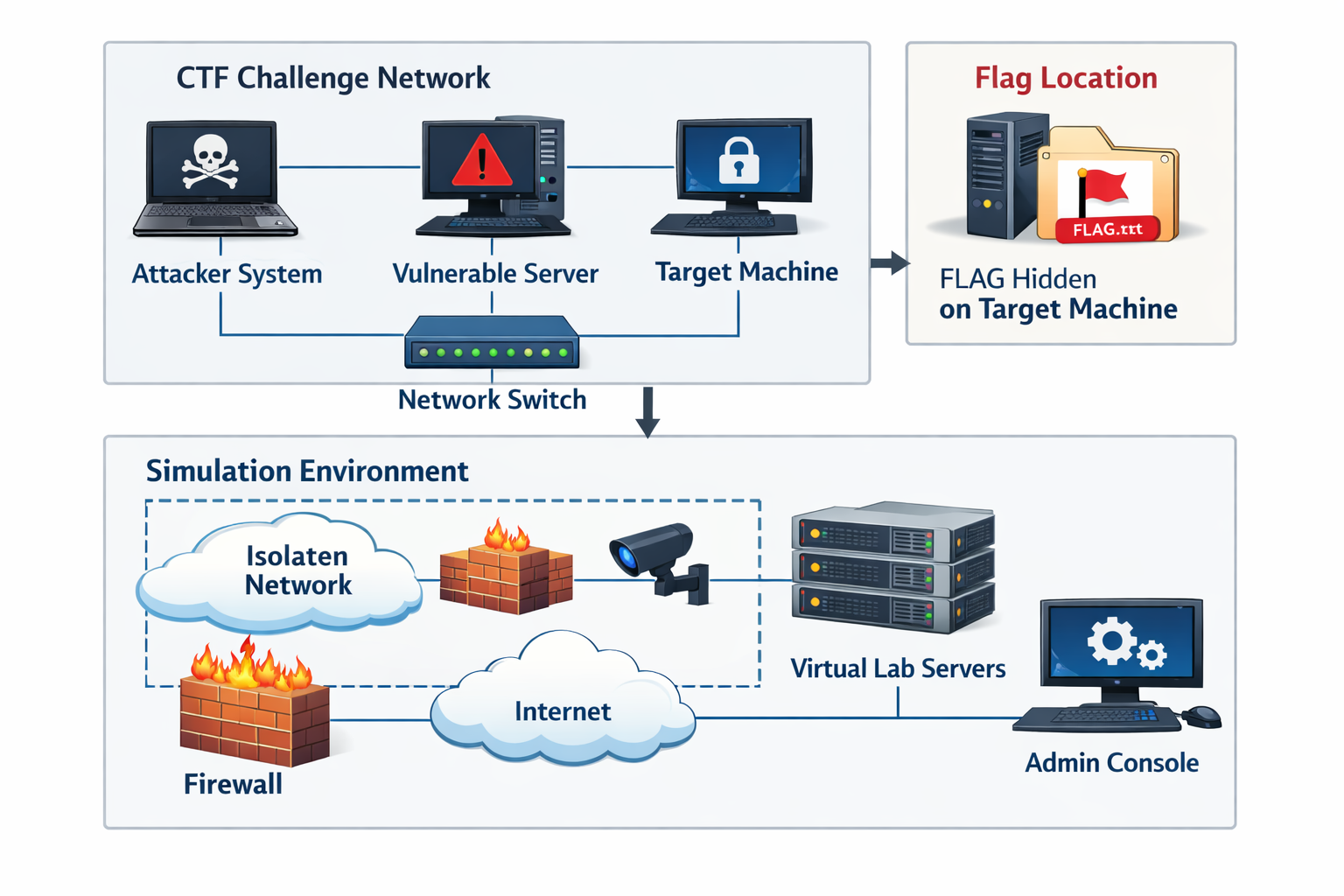 CTF challenge network diagram showing attacker system, vulnerable server, target machine, and simulation environment with ...
