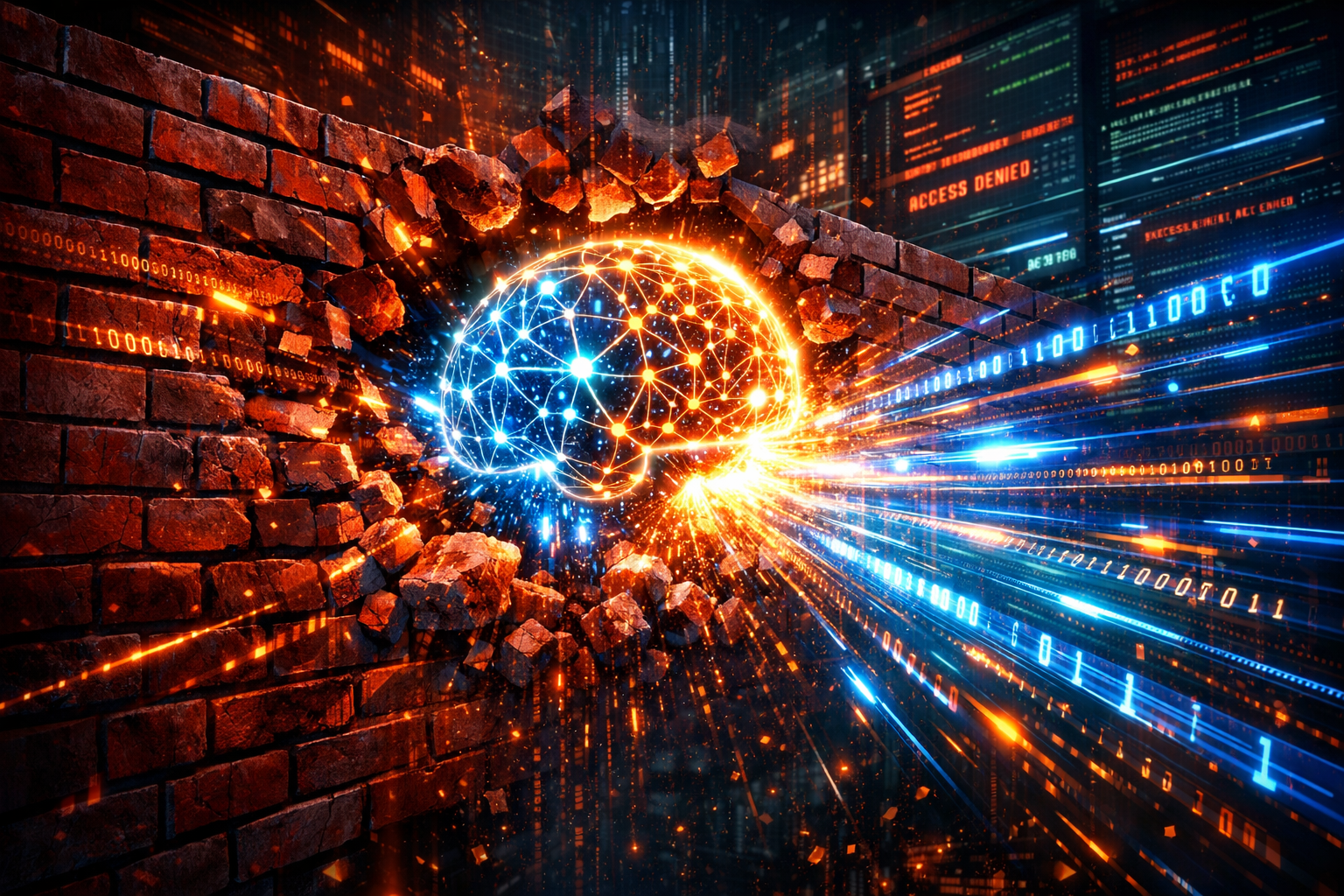 Glowing neural network brain breaking through firewall with binary code, representing cybersecurity breach concept.