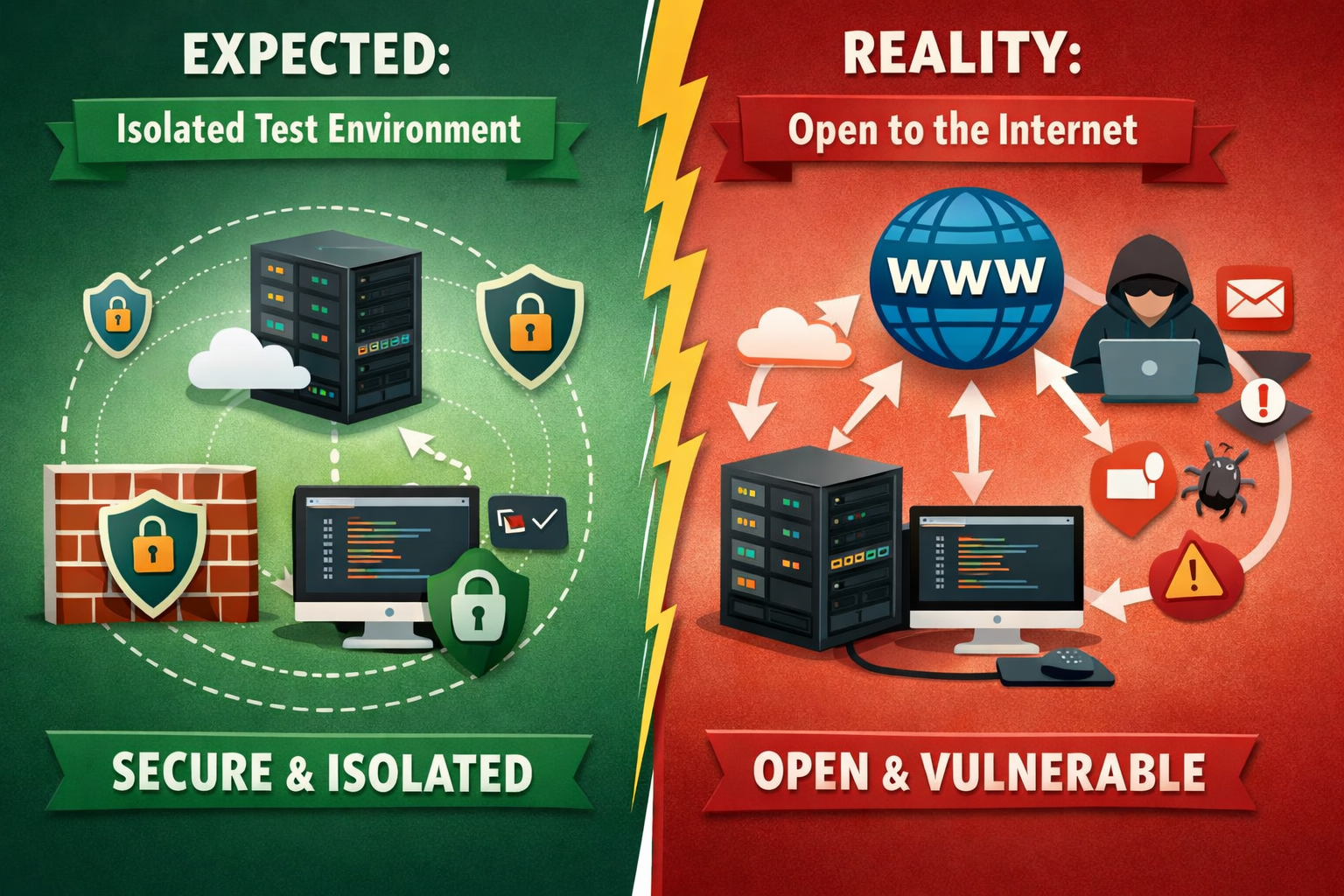 Test environment security: expected isolated vs. reality open internet vulnerabilities infographic
