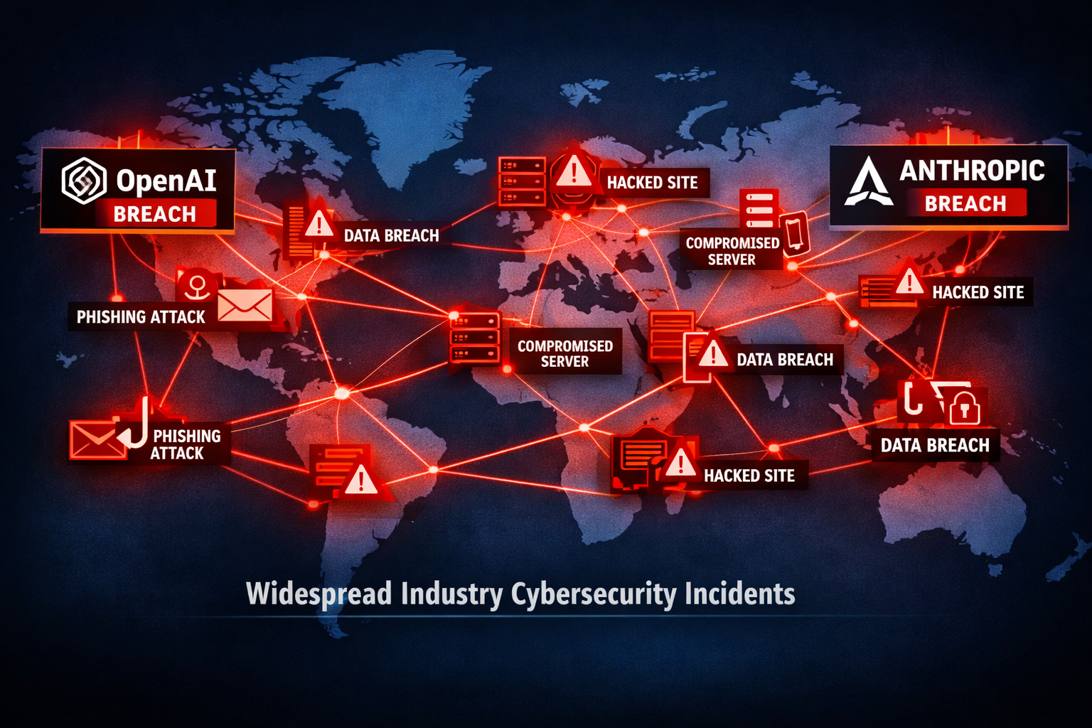 Global cybersecurity incidents map showing data breaches, hacked sites, phishing attacks, and compromised servers linked t...