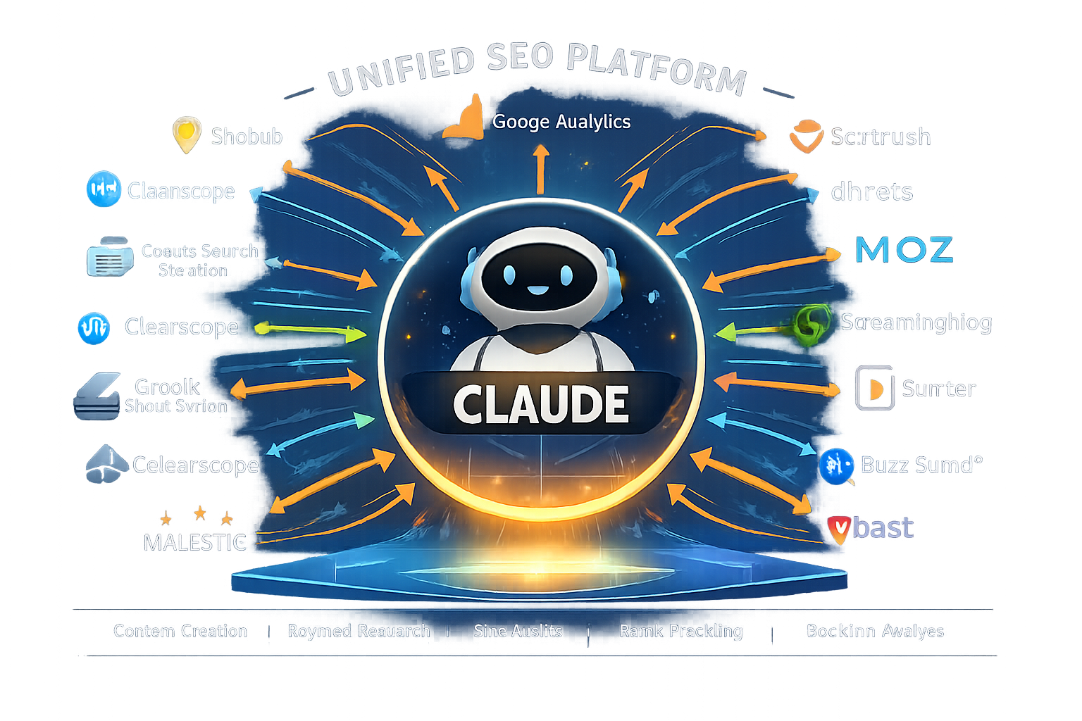 Claude AI unified SEO platform hub connecting Google Analytics, Semrush, MOZ, and other SEO tools for workflow optimization.