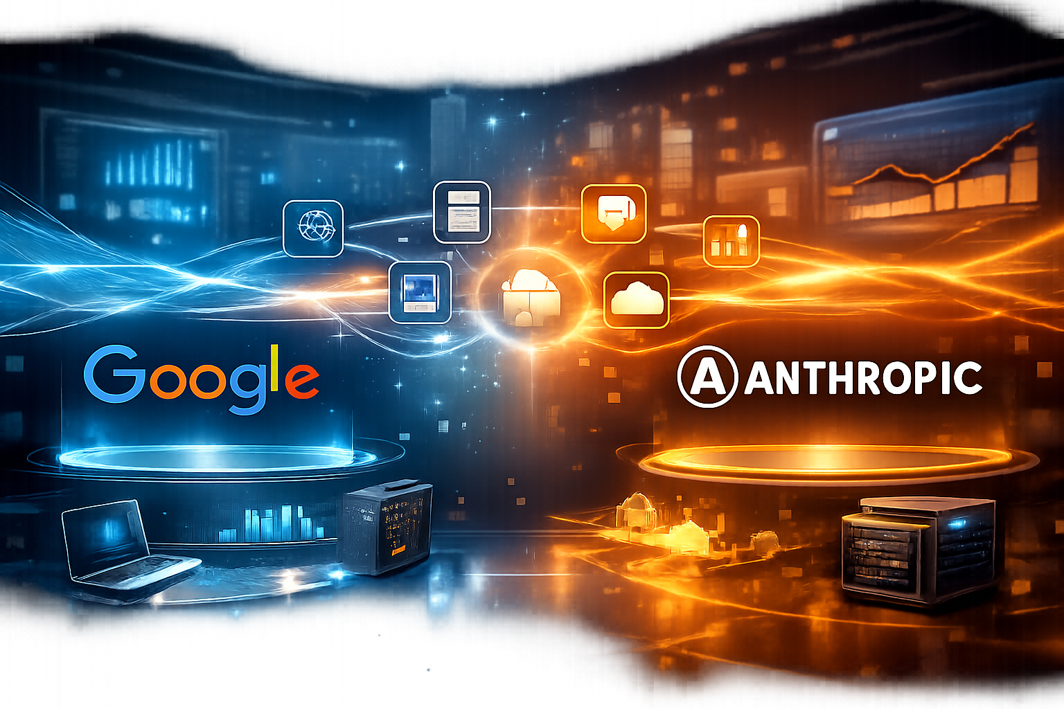 Google and Anthropic partnership visualization showing cloud AI services and SEO analytics dashboard integration for digit...