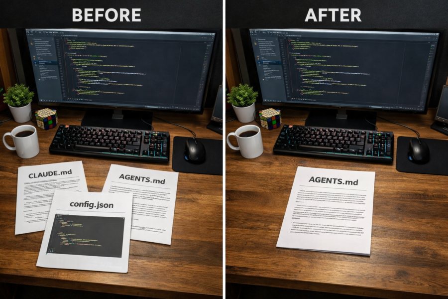 Developer workspace showing AGENTS.md documentation before and after Claude Code implementation for AI agent configuration.