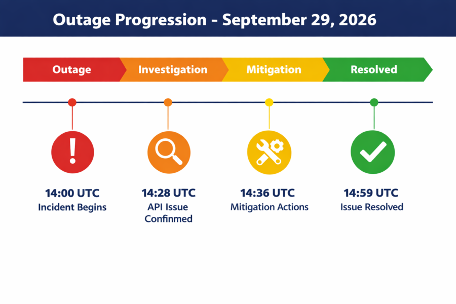 Claude API outage timeline showing incident progression from detection at 14:00 UTC to resolution at 14:59 UTC on Septembe...
