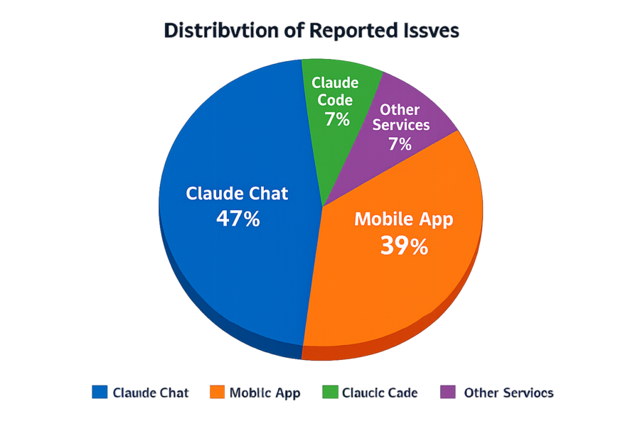 Pie chart showing distribution of reported issues during Claude outage: Claude Chat 47%, Mobile App 39%, Claude Code 7%, O...