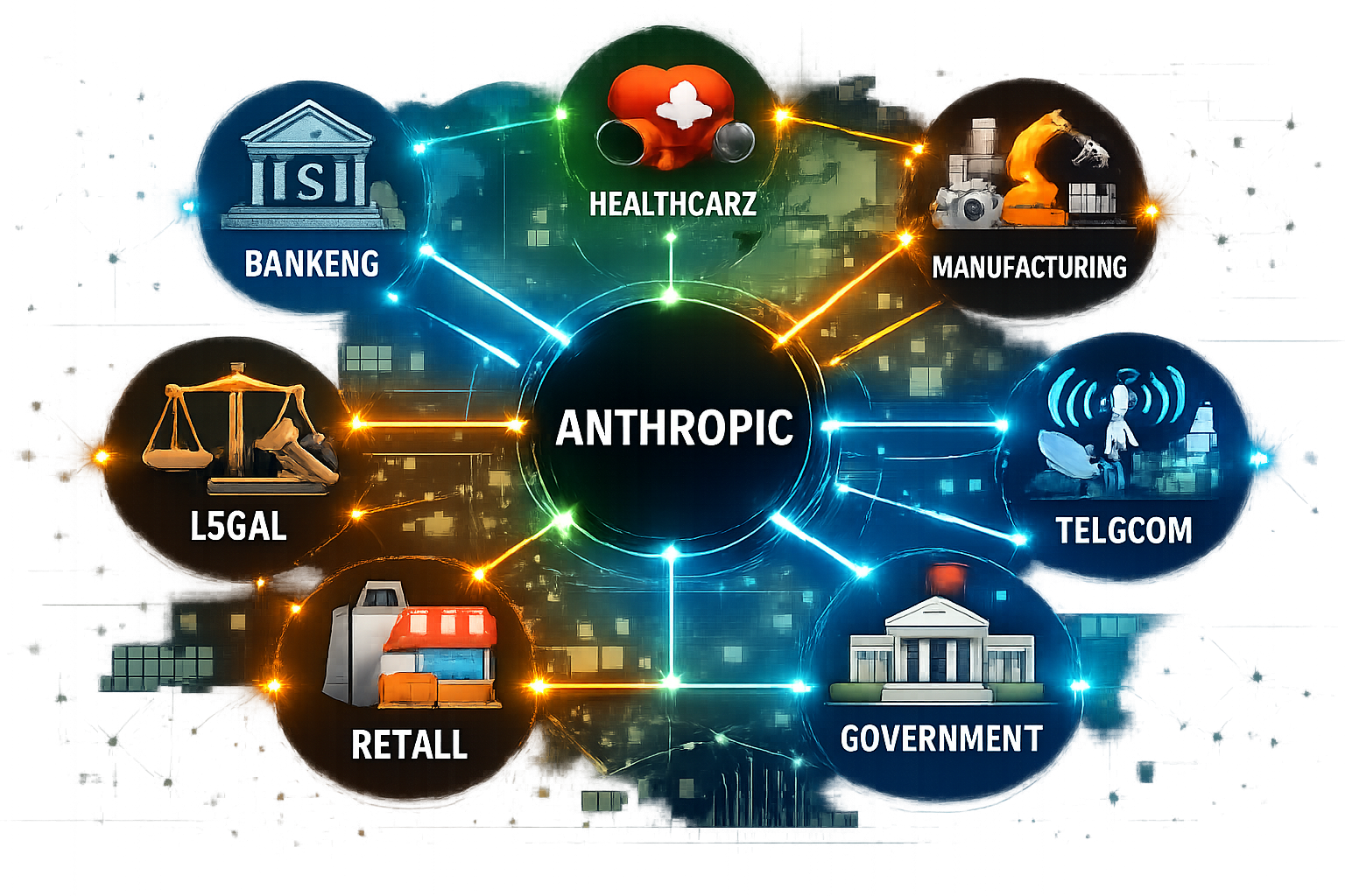Anthropic AI platform connecting Banking, Healthcare, Manufacturing, Legal, Telecom, Government, and Retail sectors with e...