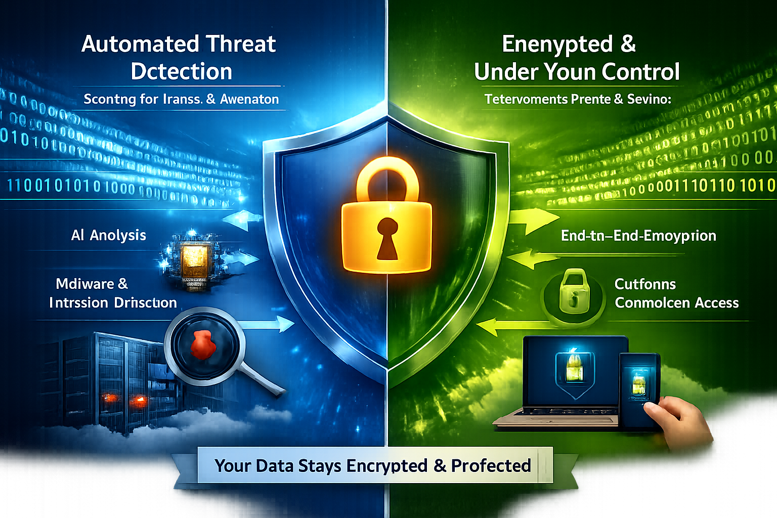 Security infographic showing automated threat detection and end-to-end encryption protecting data with customer-controlled...